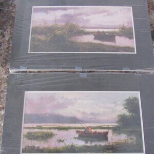 Pair of Sportsman Prints. One Fishing. One Hunting. 16 x 10 Inches.